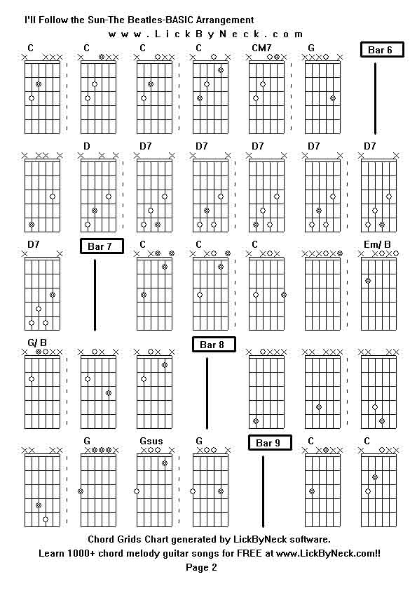 Chord Grids Chart of chord melody fingerstyle guitar song-I'll Follow the Sun-The Beatles-BASIC Arrangement,generated by LickByNeck software.